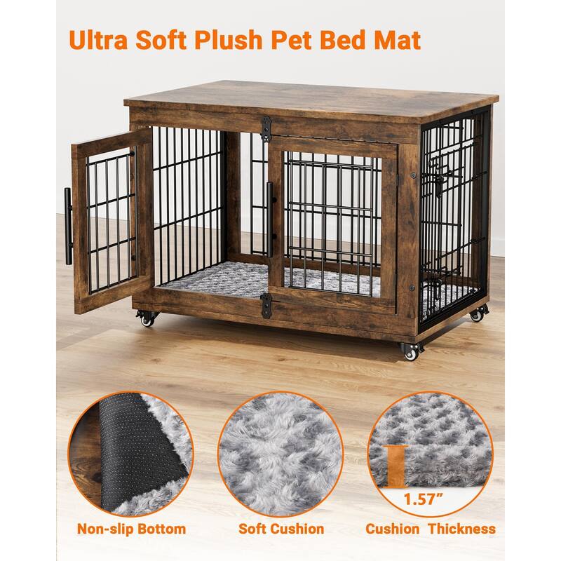 Dog Crate Furniture with Cushion Double Doors Wooden Dog Kennel