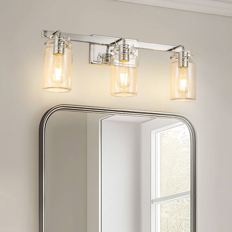 3-Light Brushed Nickel Cylinder Modern Bathroom Vanity Light with Clear Glass Shade,Wall Lamp for Mirror Kitchen Bedroom