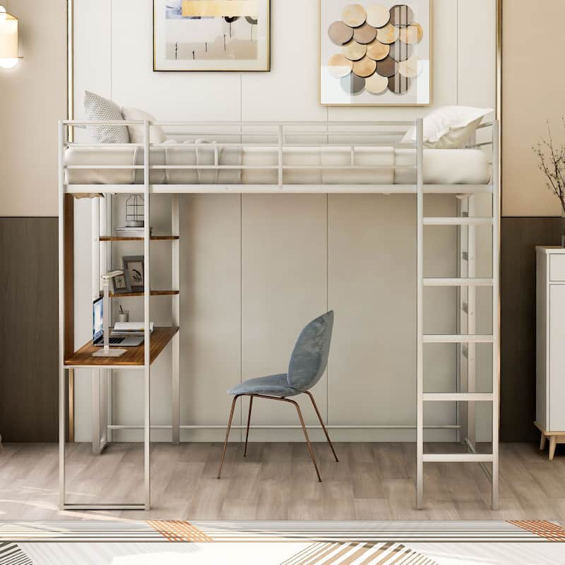 Full Size Metal Loft Bed with 2 Shelves and Desk, Silver