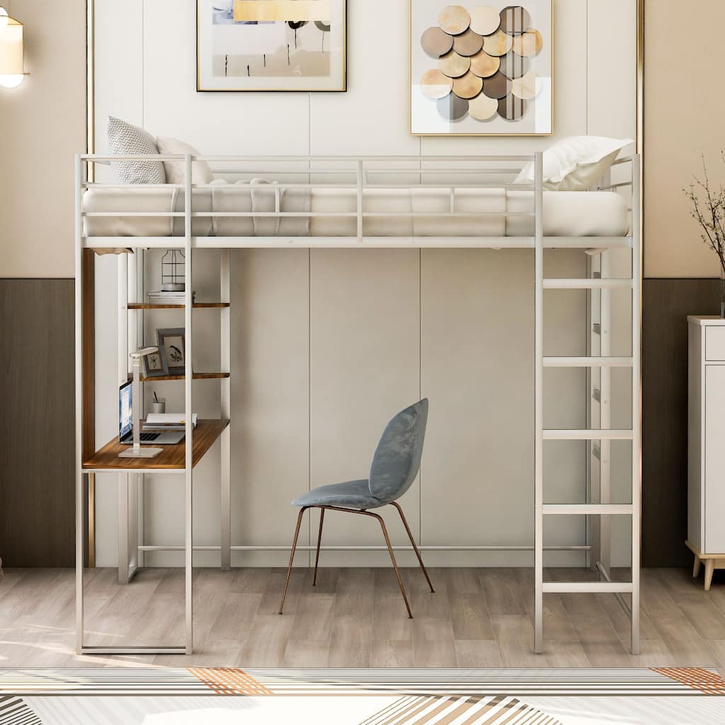 Full Size Metal Loft Bed with Desk and Shelves, Integrated Ladder and Guardrails