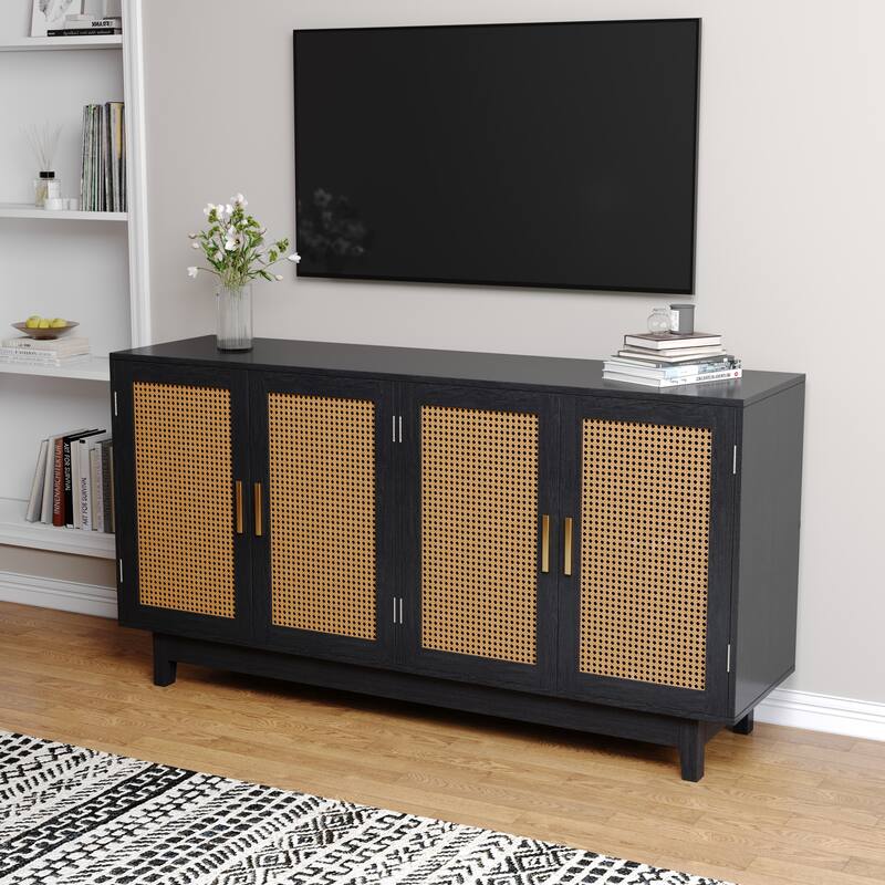 Rattan Accent Cabinet Storage Sideboard Buffet with 4 Doors
