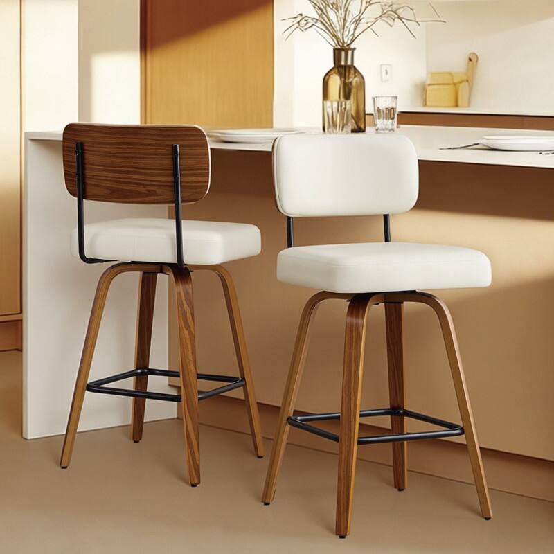 Spruce & Spring 26" Swivel Bar Stool with Bentwood Back or PE Rattan Back - Set of 2 - Ivory-Padded Back