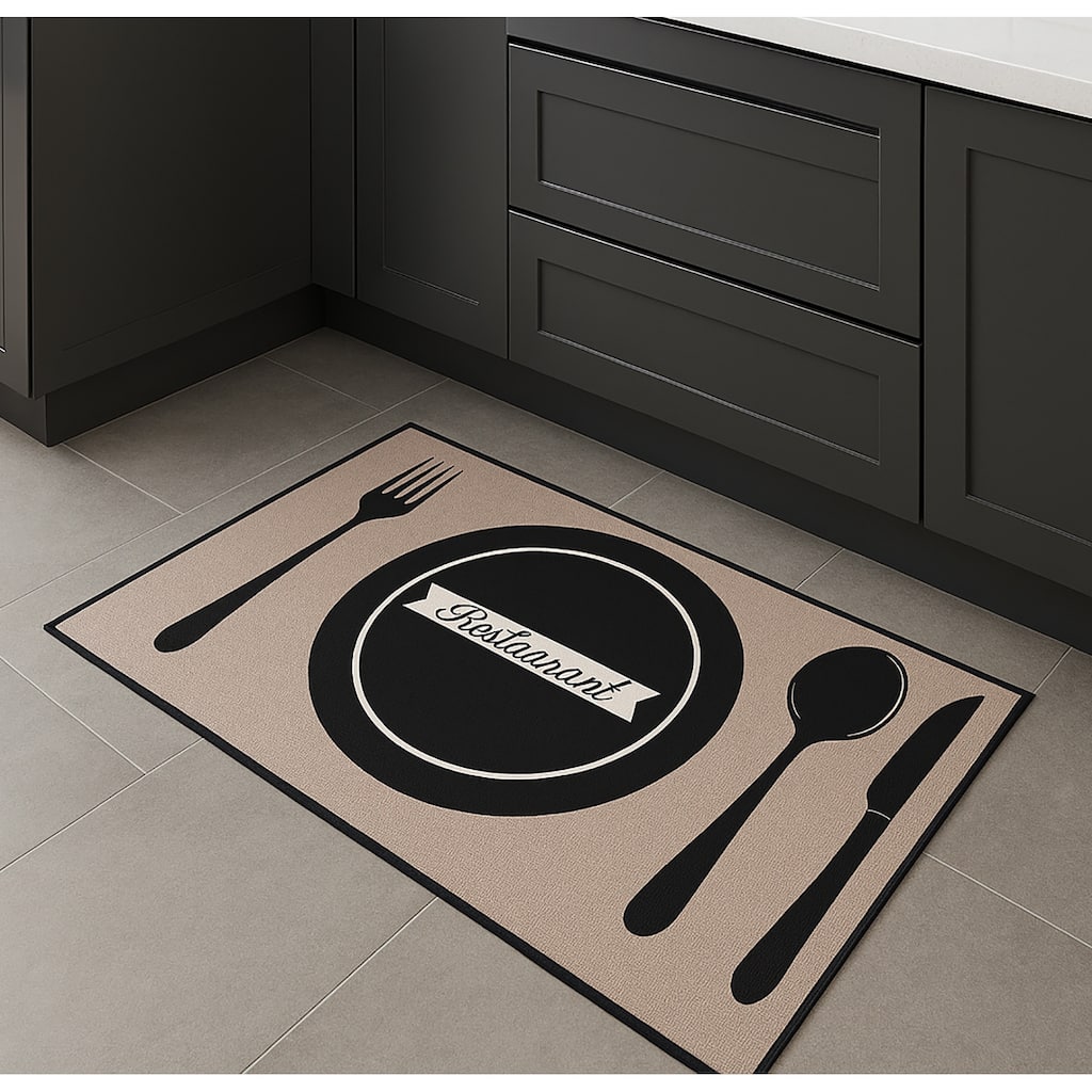 28" x 17" - Beige Black Modern Non-Slip Washable Low Pile Kitchen Mat - 28" x 17"