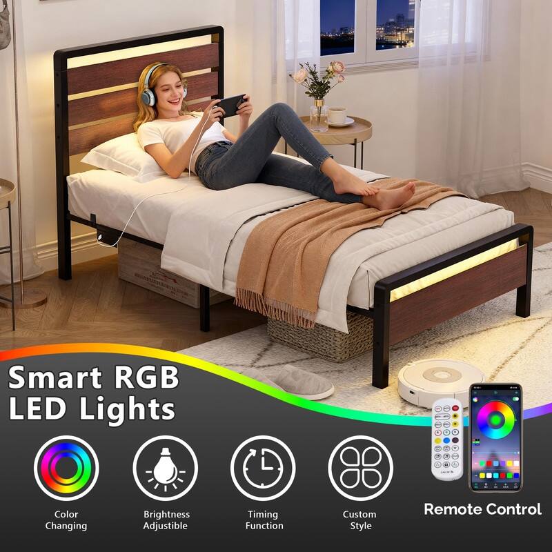 Bed Frame with LED Light and Charging Station, Metal Platform Bed with Wood Headboard