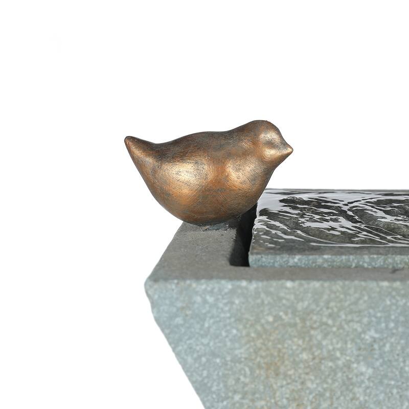 Patina Gray Resin Pillar Birds Bubbler Outdoor Fountain with LED Light - 41.70" H x 14.2" W x 11" D