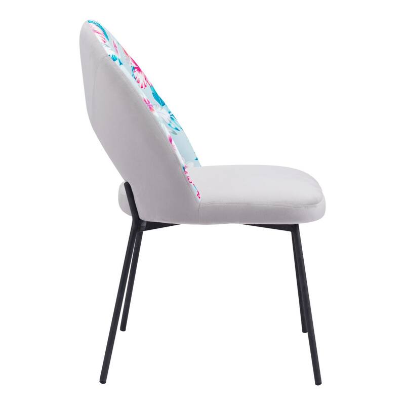 HomeRoots Set of Two Gray and Black Velvet And Steel Velvet And Steel Tropical Floral Dining Side Chairs