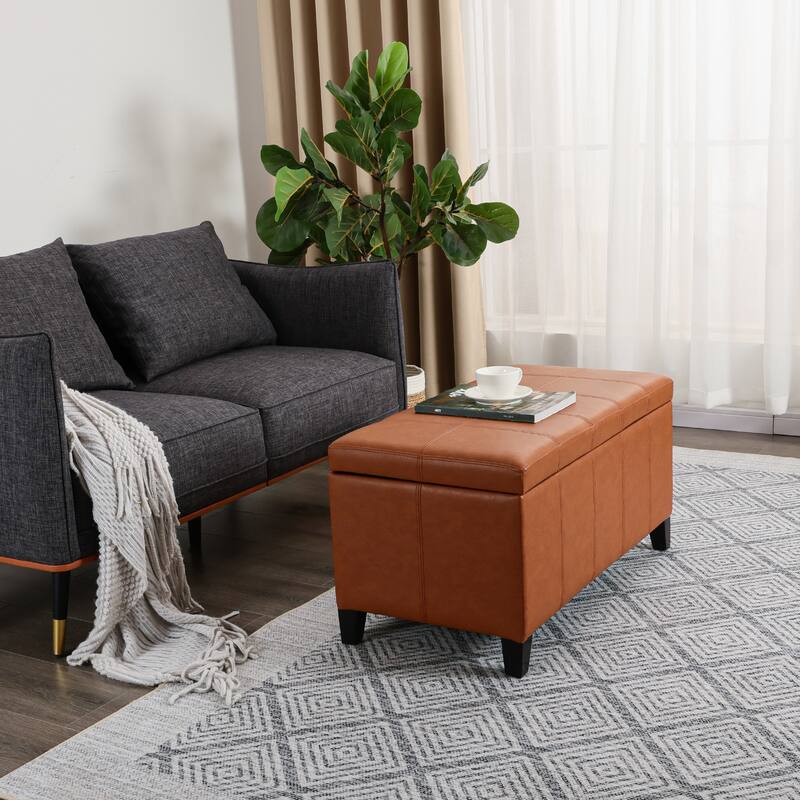 Adeco Rectangular Storage Ottoman Faux Leather Bench Lift-top Footrest