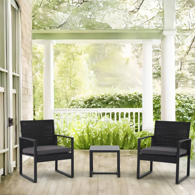 Outdoor 3 Pieces Wicker Chat Set with Cushions
