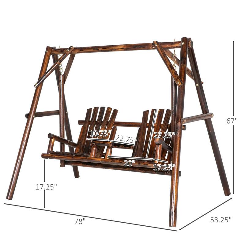 Wooden Porch Swing with Stand, 2-Seat Patio Swing Chair with Table