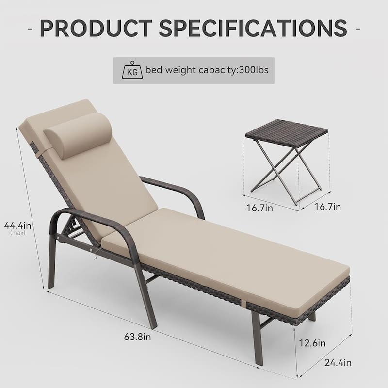 3-Piece Outdoor Wicker Chaise Lounge with Armrests and Cushions