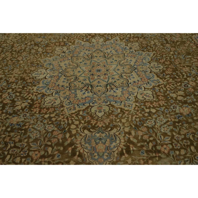 Hand Knotted Oriental 100% Wool Carpet Traditional Floral Brown Kerman Area Rug - 13' 4'' X 9' 6''