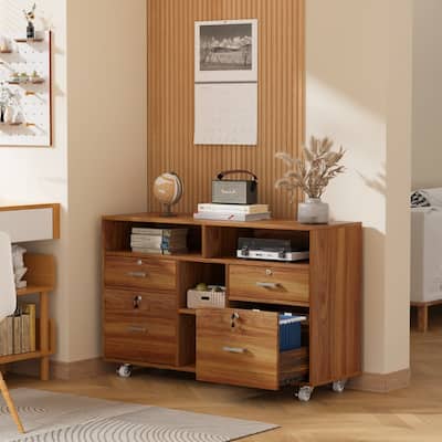 File Cabinet 4 Drawer Wood Mobile Lockable Rolling with Shelves