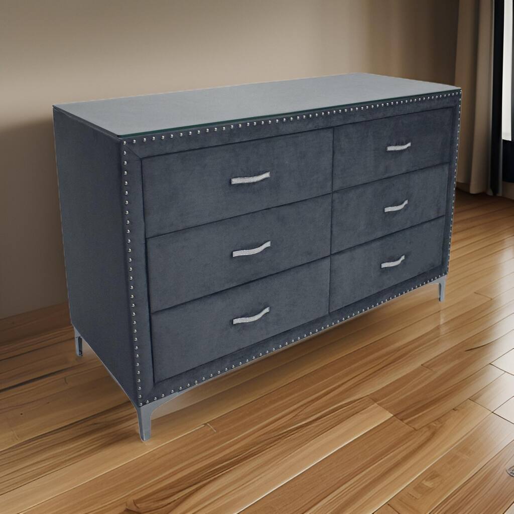 Moha 60 Inch Wide 6 Drawer Dresser, Glass Top, Gray Velvet Upholstered