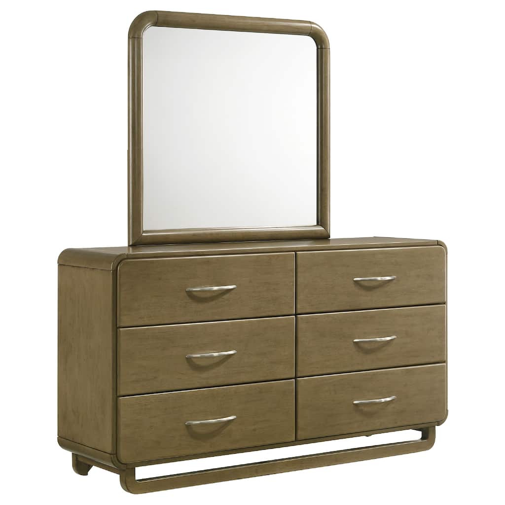 Deon Wide Dresser with Mirror, 6 Drawers, Brown Wood, Matte Nickel