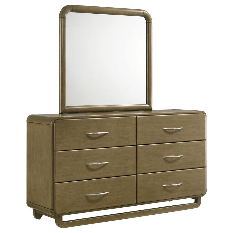 Deon Wide Dresser with Mirror, 6 Drawers, Brown Wood, Matte Nickel