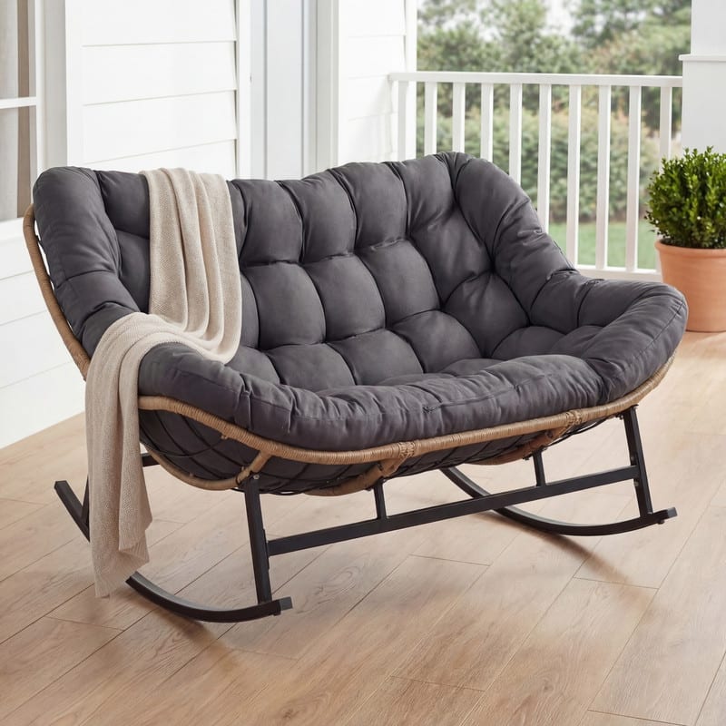 60" Double Papasan Rocking Chair for 2, 700-lb Capacity Wicker Egg Rocker with 5.1" Thick Cushion - 1-Piece (Chair) - Grey