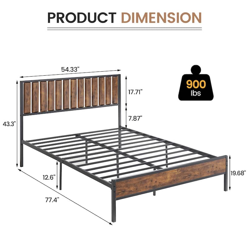 Platform Metal Bed Frame Wood Headboard with 14 Heavy Duty Steel Slats