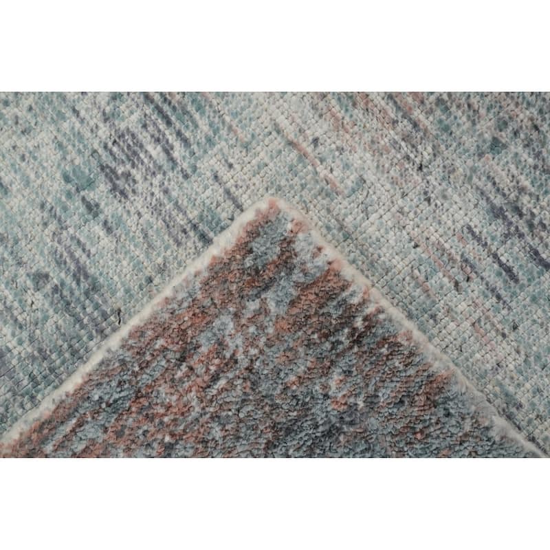 Hand Knotted Oriental Viscose Silk Carpet Modern Pictorial Navy Blue & Blues Abstract Area Rug - 7' 5'' X 5' 6''