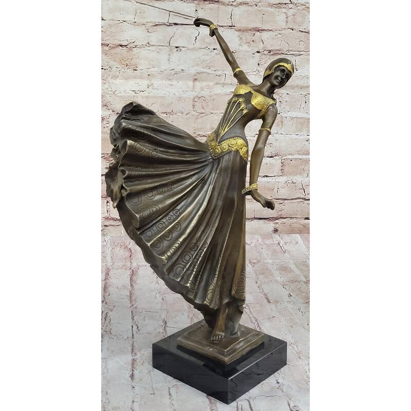 Chiparus Fan Dress Dancer Girl Art Deco Bronze Sculpture On Marble Base