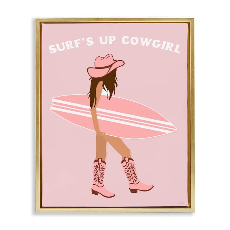 Stupell Surf's Up Cowgirl Framed Floater Canvas Wall Art Design By Natalie Carpentieri - 25 x 31 - Gold