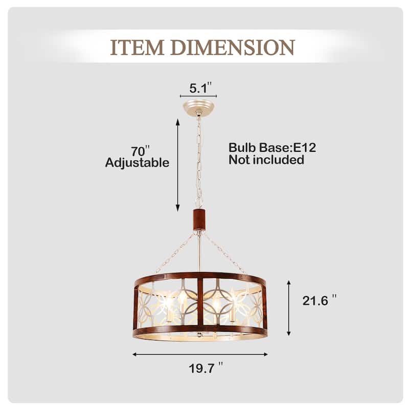Cusp Barn 4-Light Rustic Wood Chandelier Shabby Hanging Lamp Farmhouse Drum Pendant Light Fixtures for Entryway