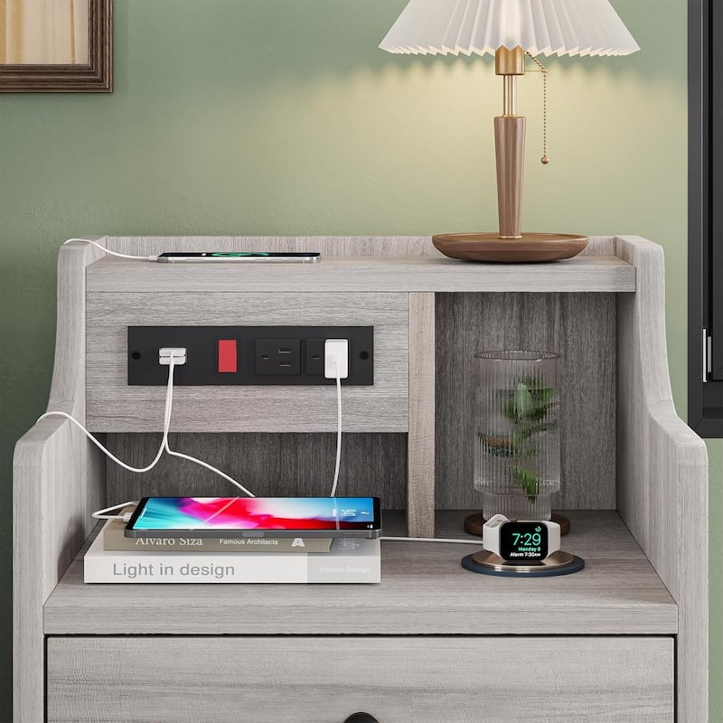 Nightstand with Drawers Charging Station End Side Table with Hutch