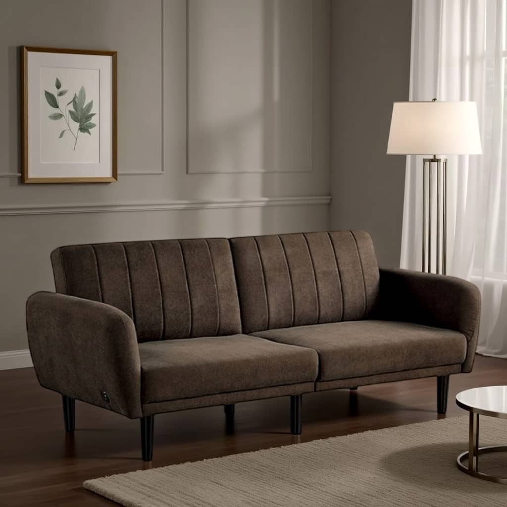 Arz Fold Out Futon Sofa Bed, Dark Brown, Retro Channel Tufted Back