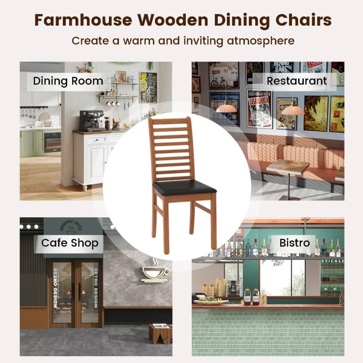 Set of 2 Rubber Wood PU Leather High-Back Farmhouse Dining Chairs Set with Ladder Design - 16" x 21" x 37"
