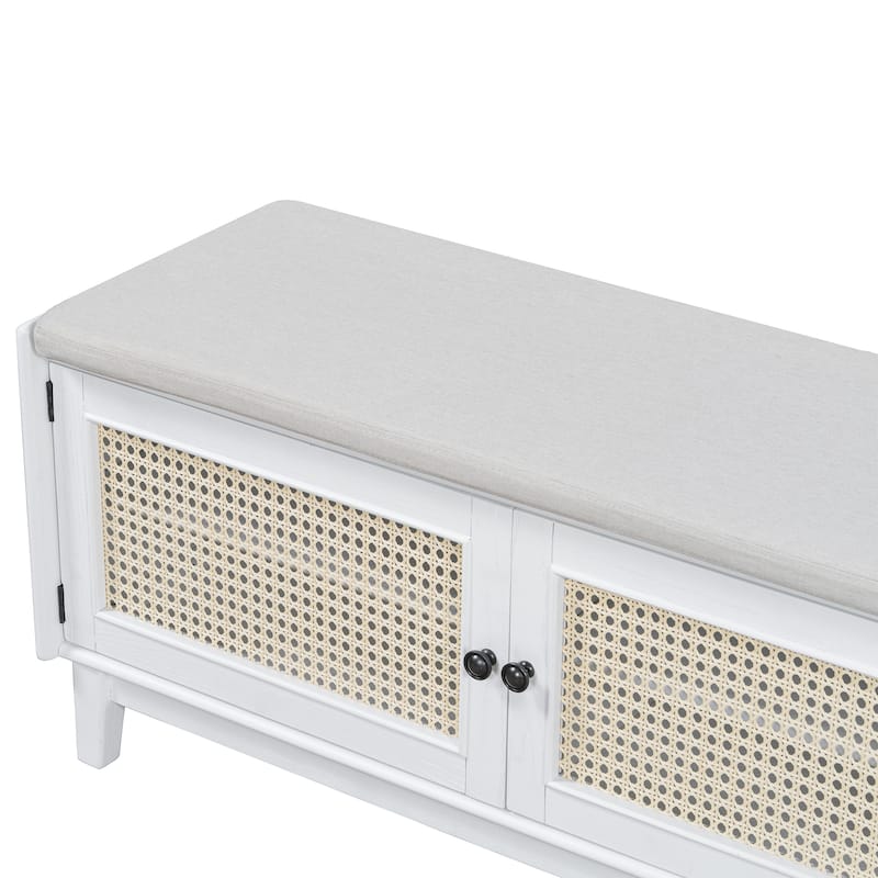 Rattan Entryway Bench with Storage, Cushioned Shoe Bench with Double Doors, Wooden Shoe Organizer Bench for Entryway
