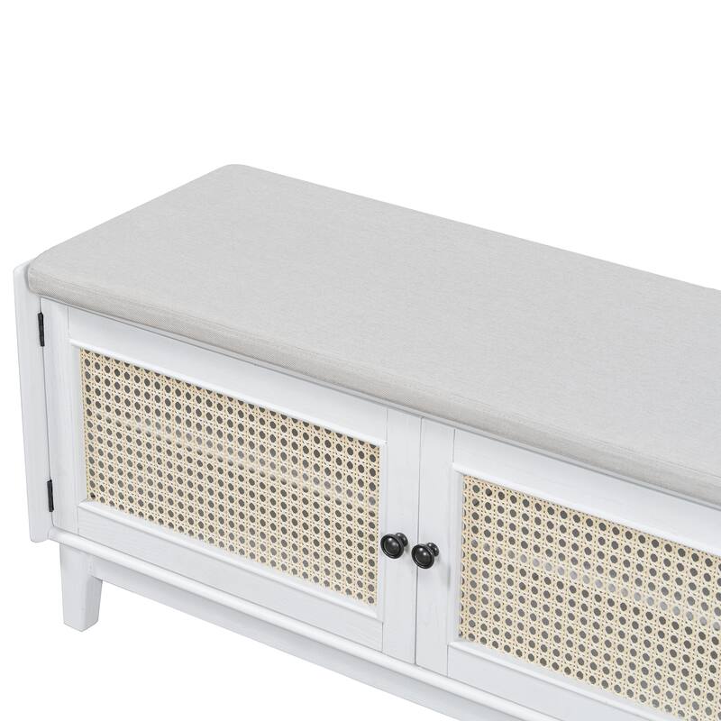 Roomfitters Entryway Storage Bench, Boho Rattan Cabinet, Hallway Organizer Seat with Cushion