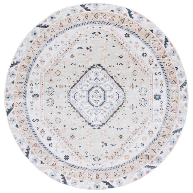 SAFAVIEH Bayside Machine Washable Surmeli Shabby Chic Rug - 6'7" Round - Ivory/Beige Blue