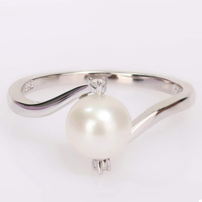Miadora Sterling Silver Cultured FW Pearl & Created White Sapphire 3-Stone Bypass Ring (7-7.5mm)