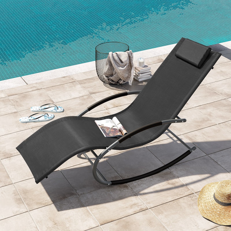 Outdoor Patio Rocking Chair Curved Rocker Chaise Lounge Chair with Pillow