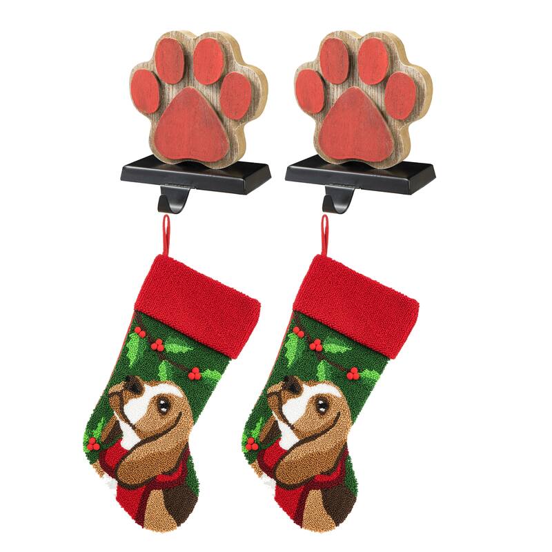 Glitzhome Christmas Wooden/Metal LED Snowman Paw Stocking Holders with Stockings Mantel Ornament - 2PK Paw & 2PK Dog Stocking