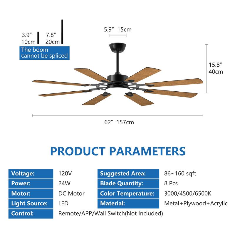 60 Inch Ceiling Fan with Lights and Remote Control, 8 Plywood Blades, 6-Speed Noiseless Reversible DC Motor, 3CCT - Black