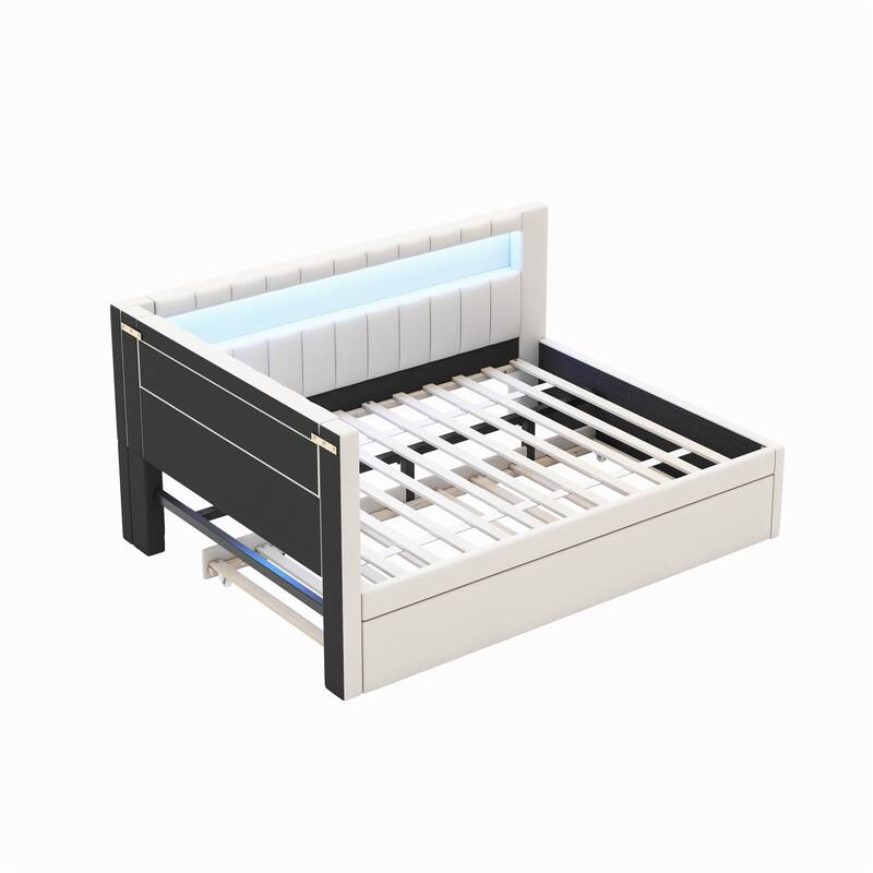 L-Shaped Daybed Linen Upholstered Corner Sofa Bed Built-in USB Ports and LED Belt Platform Bed with Optional Trundle or 2 Drawer