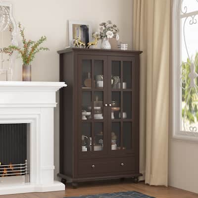 55.1''H Buffet Lacquer Sideboard Storage Cabinet Glass Doors Bookcase