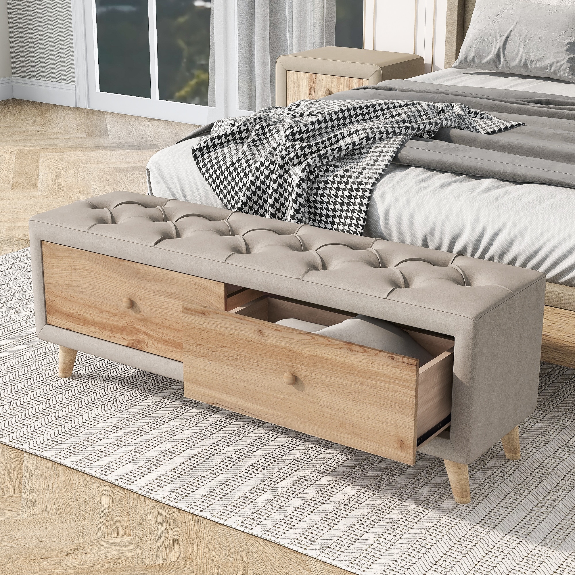 Padded Seat with Rubber Wood Leg Multipurpose Foot Rest Sofa Stool with 2 Drawers
