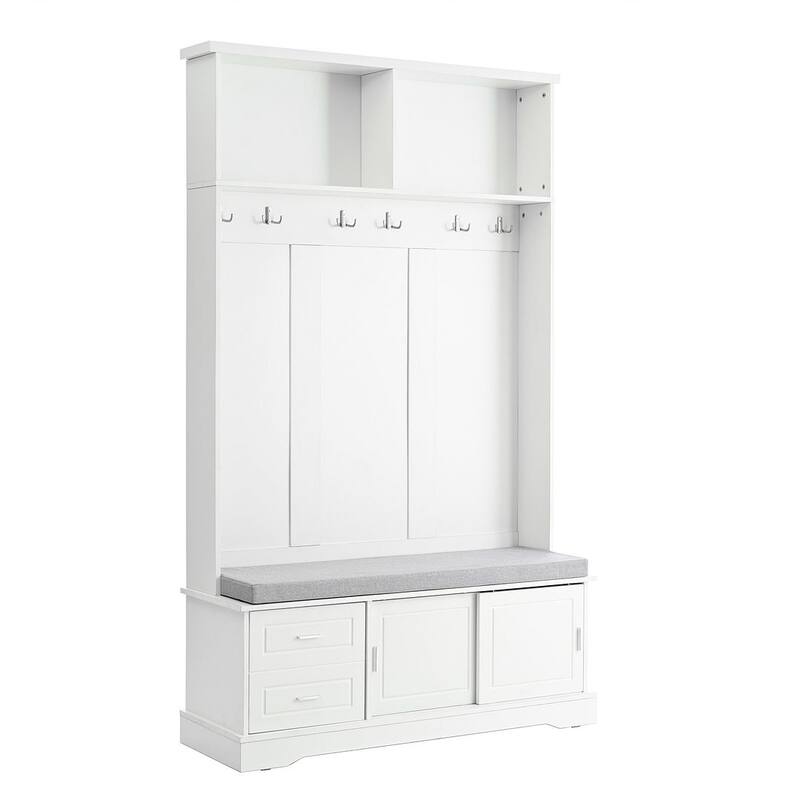 Hall Tree with Sliding Door Bench Cushion Silver Handle Storage Cabinet
