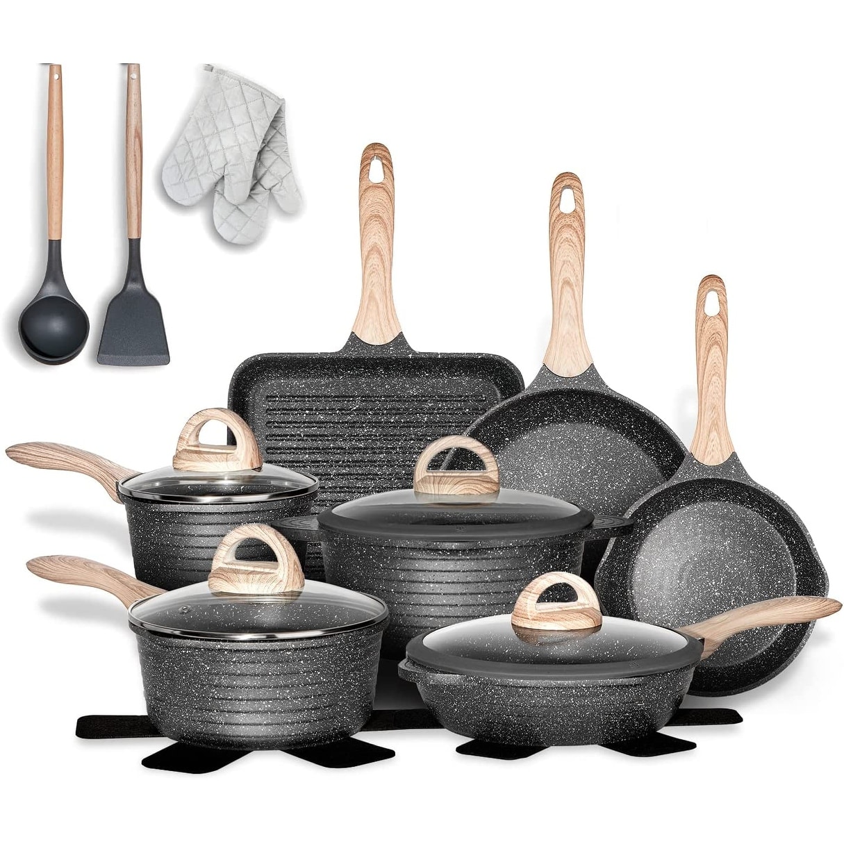 Nonstick Pots and Pans Set 11 Pcs Granite Stone Kitchen Cookware Sets black  