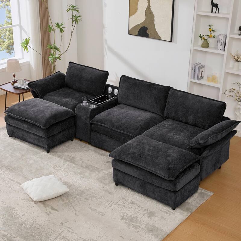 Modular Sectional Sofa, U Shaped Couch with 2 Ottomans, Storage Console & Wireless Charging, 2 Cup Holders, Bluetooth Speakers