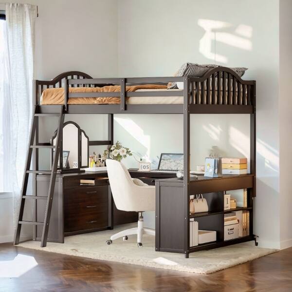 slide 2 of 54, Full Wooden Loft Bed with Tri-fold Mirror, Solid Wood Bed with Open Frame Desk Shelves Espresso