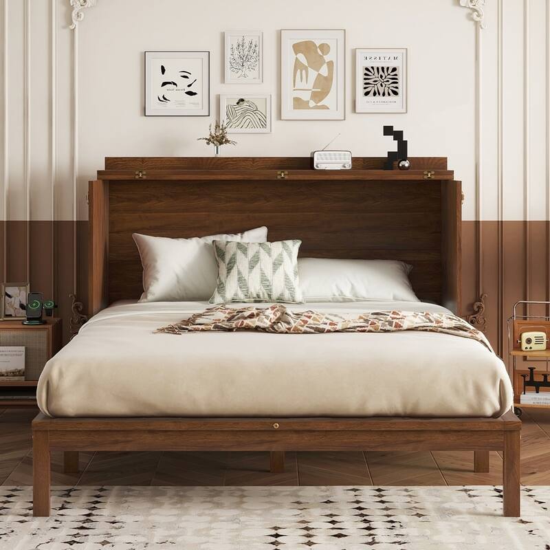 Pine Wood Cabinet Bed with Power Station and Rattan Decoration Panel