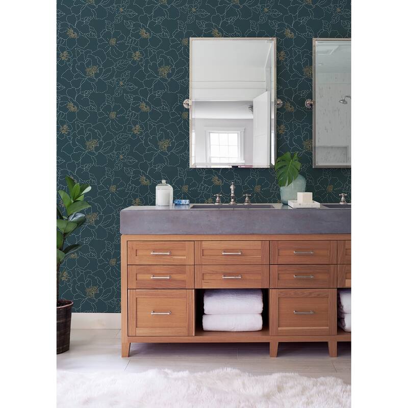 A-Street Prints Gardena Indigo Embroidered Floral Wallpaper
