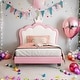 preview thumbnail 2 of 1, Twin Size Upholstered Princess Bed with Crown Headboard, Platform Bed with Headboard and Footboard, White+Pink