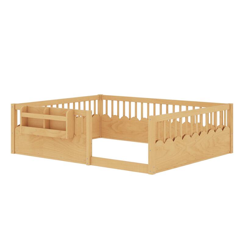 Queen/Full/Twin Floor Bed with Fence and Bookshelf, Wood Kids Floor Bed