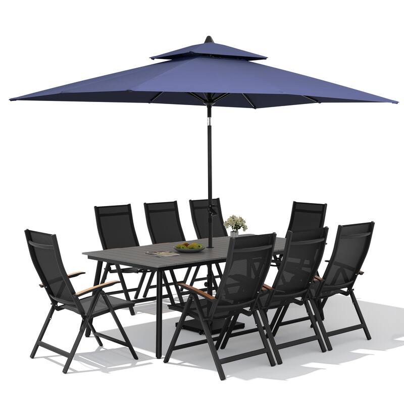 11PC Outdoor Patio Dining Set Aluminum Table with Folding Armchairs w/ Premium Market Umbrella Sets