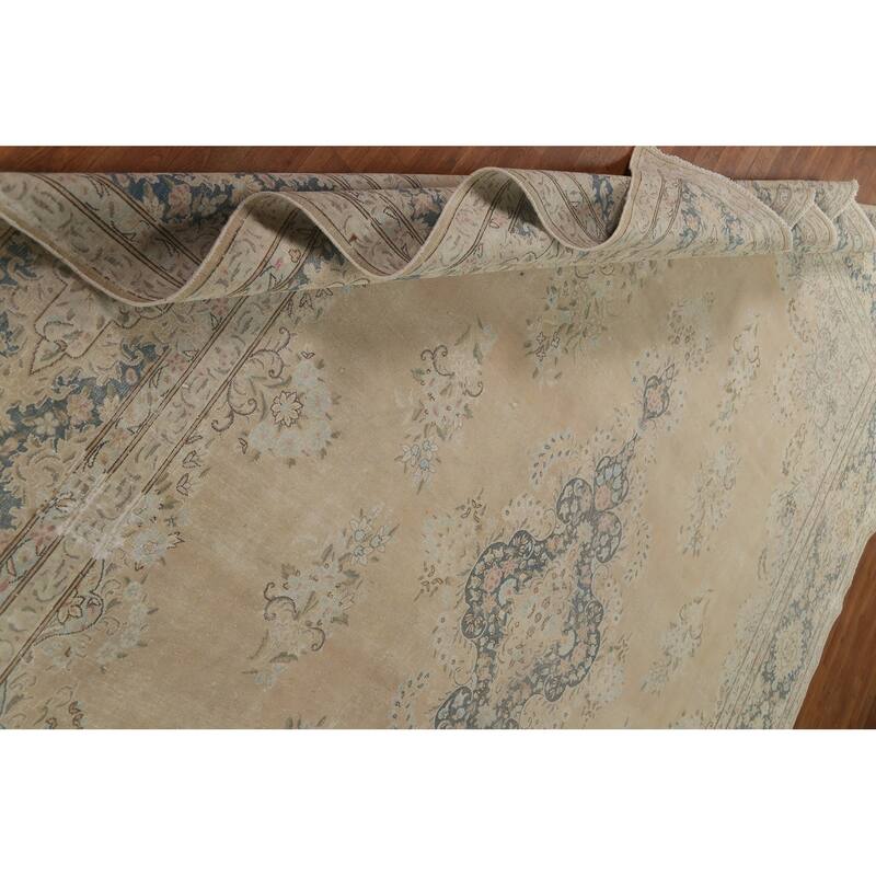 Distressed Floral Kerman Persian Area Rug Hand-knotted Wool Carpet - 10'1" x 14'1"