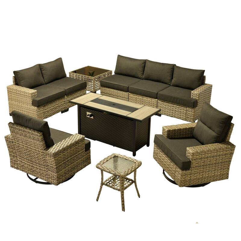 HOOOWOOO 10-piece Rattan Wicker Patio Outdoor Furniture Fire Pit Set with Swivel Rocking Chairs