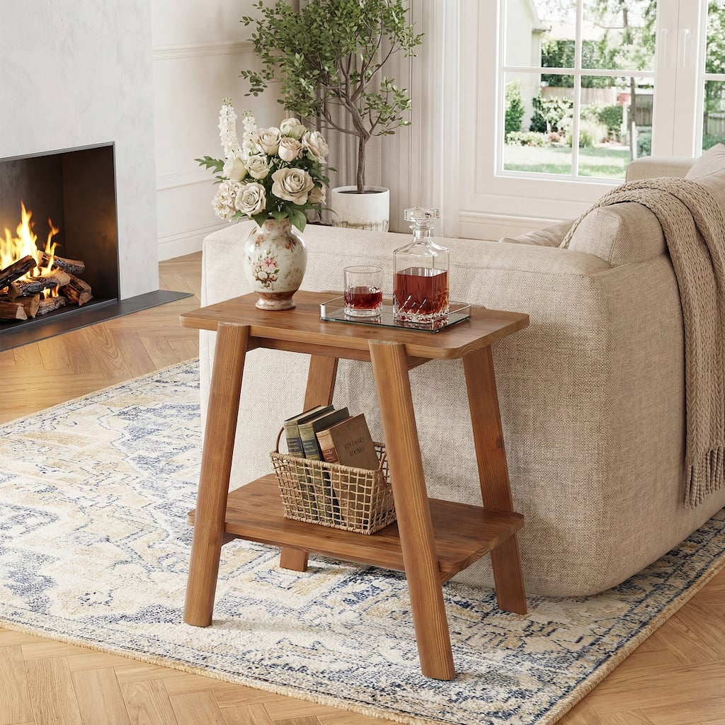 2 Tier Solid Wood Side Table, Farmhouse Table with Storage Shelves